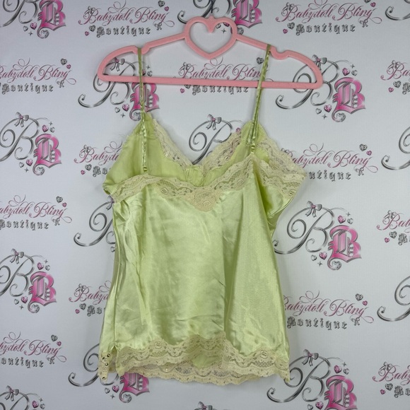 Seduction tank top silky satiny lime green pastel with beige gold sequin lace - Picture 2 of 7